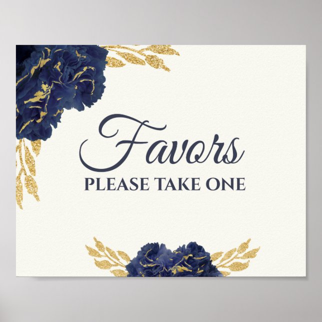 Navy Blue Gold Floral Wedding Favors Sign 8x10 (Front)