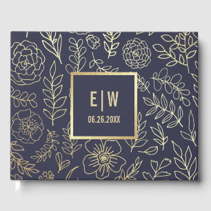 Navy Blue Gold Floral Wedding Guest Book