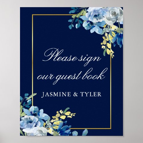 Navy Blue Gold Floral Wedding Guest Book Poster