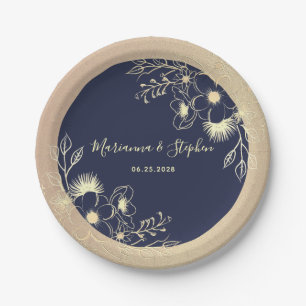 Navy Blue Gold Floral Wedding Paper Plates