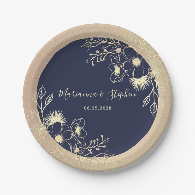 Navy Blue Gold Floral Wedding Paper Plates (Front)