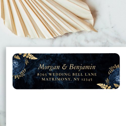Navy Blue Gold Floral Wedding Return Address Label