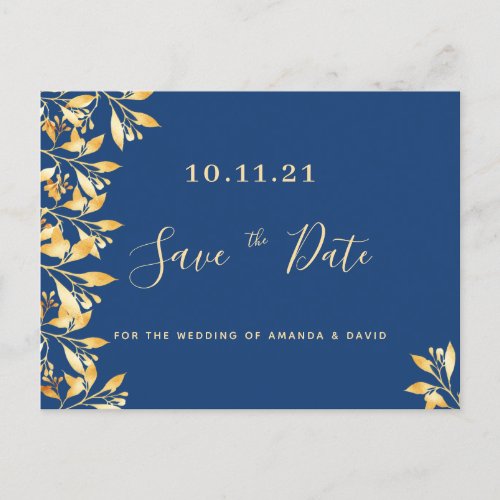 Navy blue gold floral wedding Save the Date Postcard