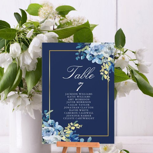 Navy Blue Gold Floral Wedding Table Names Card