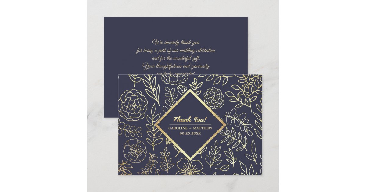 Navy Blue | Gold Floral Wedding Thank You Card | Zazzle