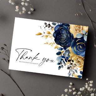 Navy Blue Gold Floral Wedding Thank You Card
