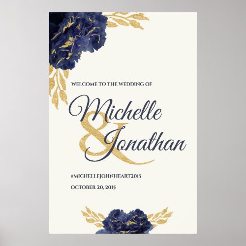 Navy Blue Gold Floral Wedding Welcome Sign 24x36