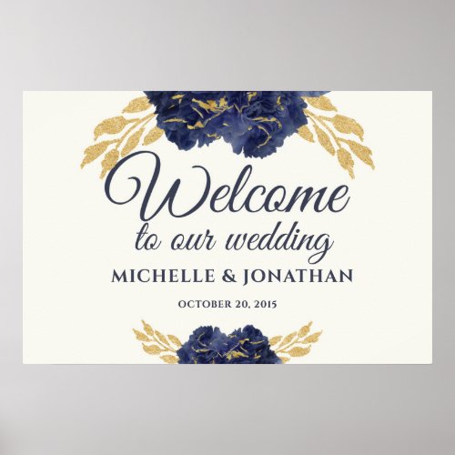 Navy Blue Gold Floral Wedding Welcome Sign 30x20