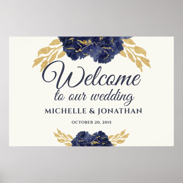 Navy Blue Gold Floral Wedding Welcome Sign 30x20 (Front)