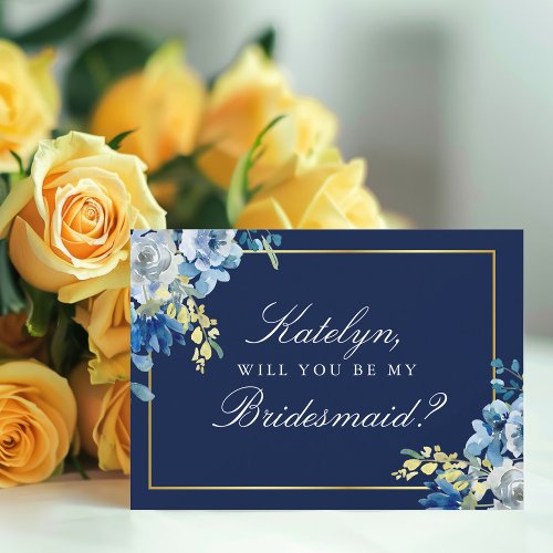 Navy Blue Gold Floral Will You Be My Bridesmaid In Invitation