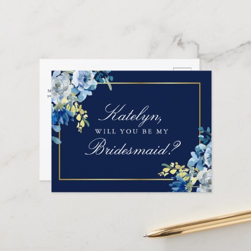 Navy Blue Gold Floral Will You Be My Bridesmaid In Postcard