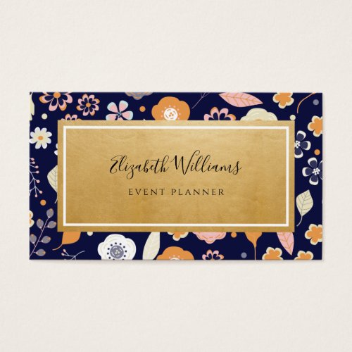 Navy Blue Gold Florals Event Planner Business Card