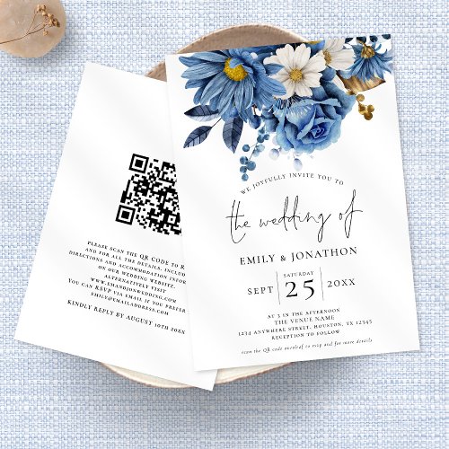 Navy Blue Gold Florals QR Code Wedding Invitation