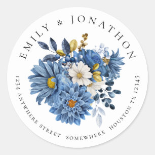 Navy Blue Gold Florals Return Name Address  Classic Round Sticker