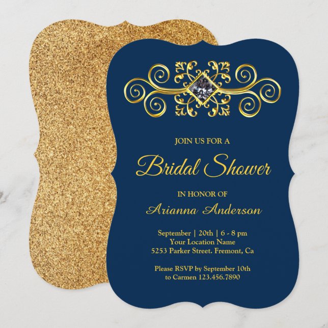 Navy Blue Gold Flourish Diamond Bridal Shower Invitation (Front/Back)