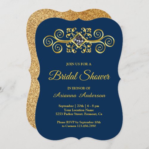 Navy Blue Gold Flourish Diamond Bridal Shower Invitation