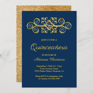 Navy Blue Gold Flourish Diamond Quinceanera Invitation