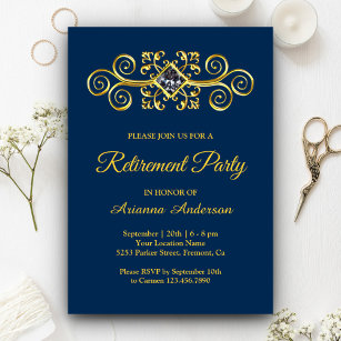 Navy Blue Gold Flourish Diamond Retirement Party Invitation
