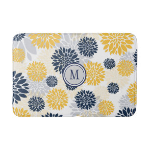 Navy Blue Gold Flower Graphic Pattern Bath Mat