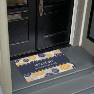 Navy Blue Gold Flower Graphic Pattern Doormat