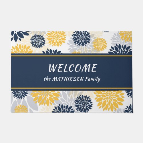Navy Blue Gold Flower Graphic Pattern Doormat