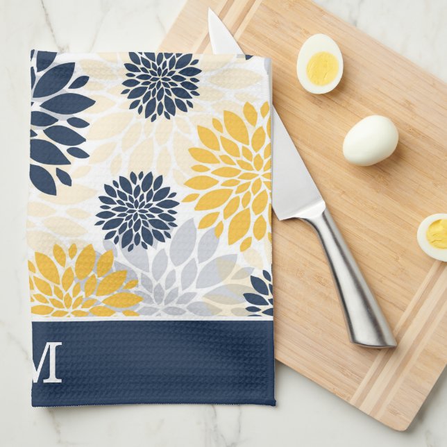 Navy Blue Gold Flower Pattern Monogram Kitchen Towel (Quarter Fold)