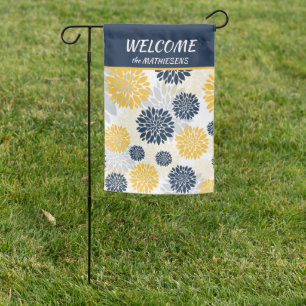 Navy Blue Gold Flower Pattern Welcome Garden Flag