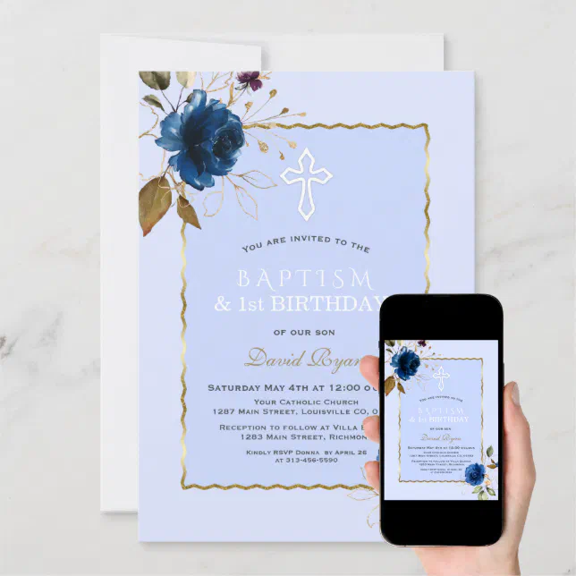 Navy Blue Gold Flowers Boy 1st Birthday & Baptism Invitation | Zazzle