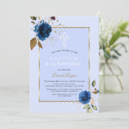 Navy Blue Gold Flowers Boy 1st Birthday & Baptism Invitation 