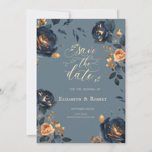 Navy Blue Gold Flowers Dusty Blue Save The Date (Front)
