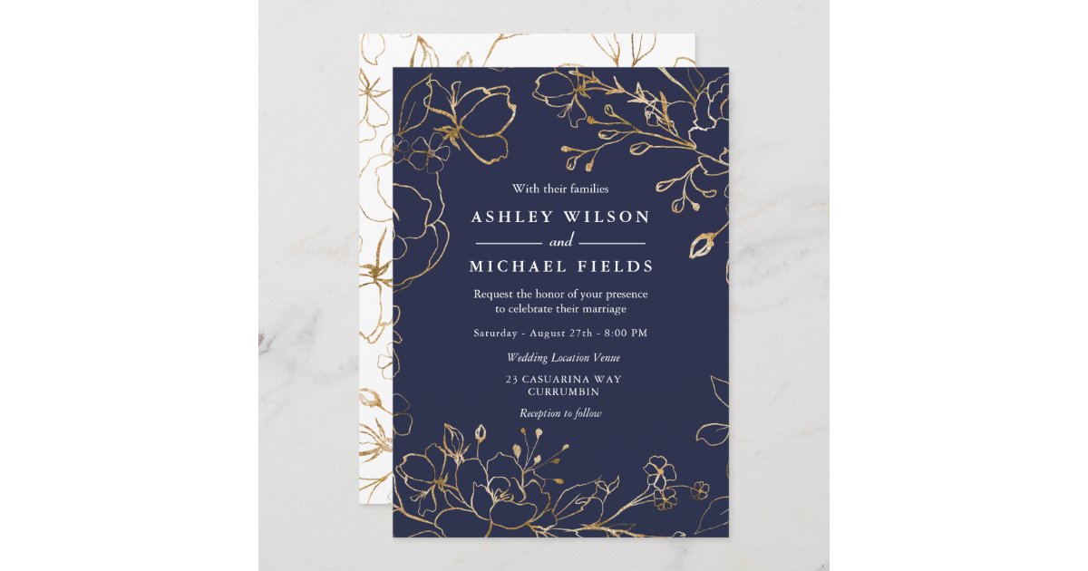 Navy Blue Gold Flowers Elegant Modern Wedding Invitation | Zazzle