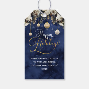 Navy Blue Gold Flowers Happy Holidays Gift Tags