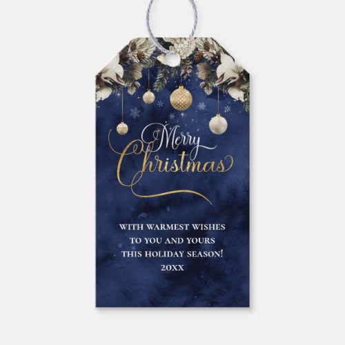 Navy Blue Gold Flowers Merry Christmas Gift Tags