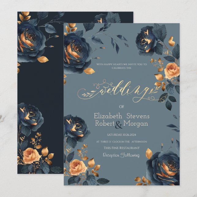 Navy Blue Gold Flowers Wedding Invitation (Front/Back)