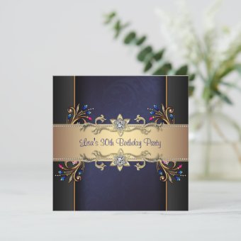 Navy Blue Gold Flowers Womans 30th Birthday Invitation | Zazzle