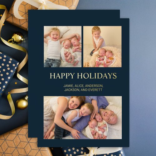 Navy Blue Gold Foil 3 Photo Happy Holidays Family Foil Holiday Card