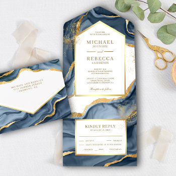 Navy Blue Gold Foil Abstract Fluid Ink Wedding All In One Invitation by ShabzDesigns at Zazzle