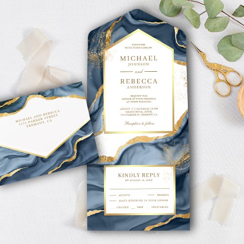 Navy Blue Gold Foil Abstract Fluid Ink Wedding All In One Invitation