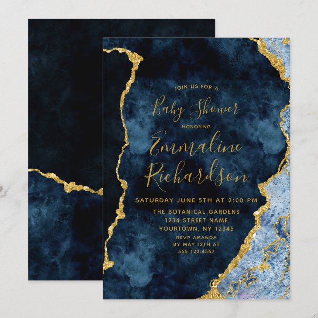 Navy Blue & Gold Foil Agate Baby Shower Invitation (Front/Back)
