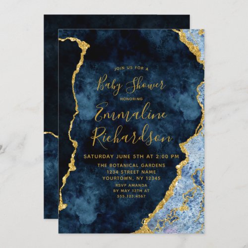 Navy Blue  Gold Foil Agate Baby Shower Invitation