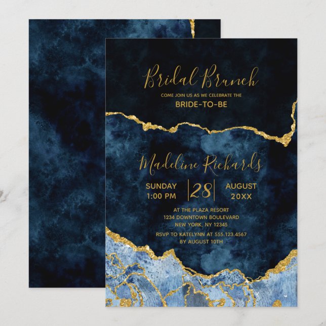 Navy Blue Gold Foil Agate Bridal Brunch Invitation (Front/Back)