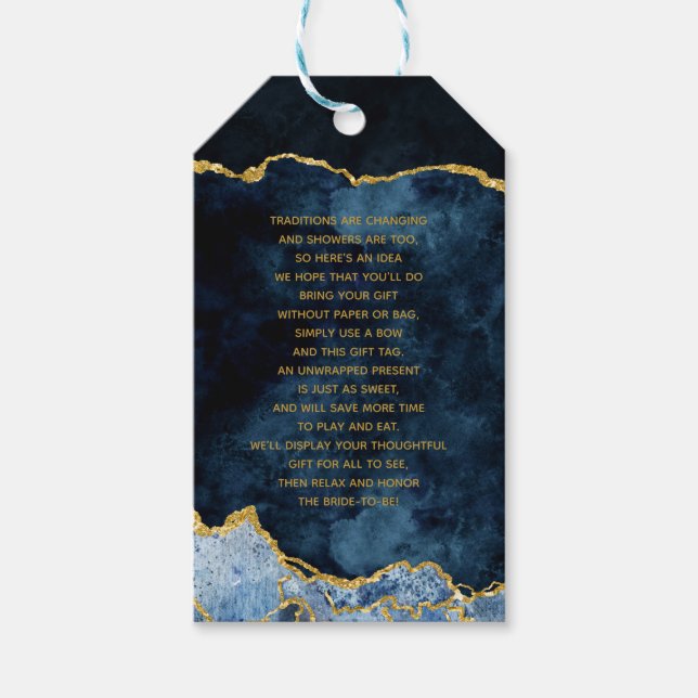 Navy Blue Gold Foil Agate Bridal Display Shower Gift Tags (Front)