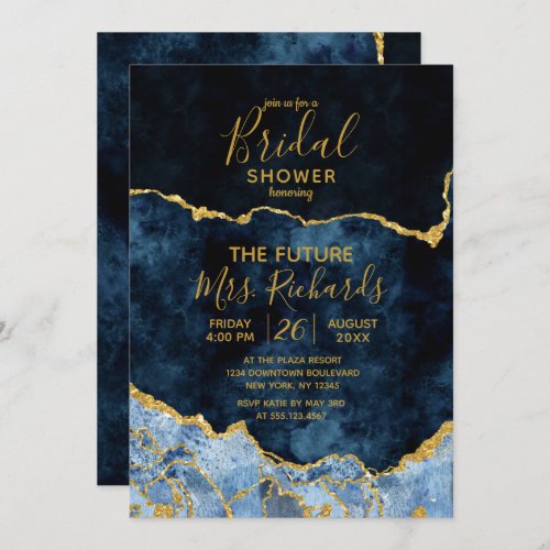 Navy Blue Gold Foil Agate Bridal Shower Invitation