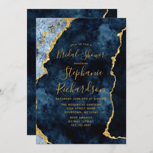 Navy Blue Gold Foil Agate Bridal Shower Invitation