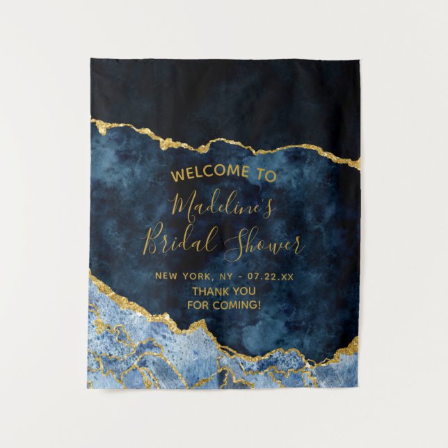Navy Blue Gold Foil Agate Bridal Shower Welcome Tapestry (Front)