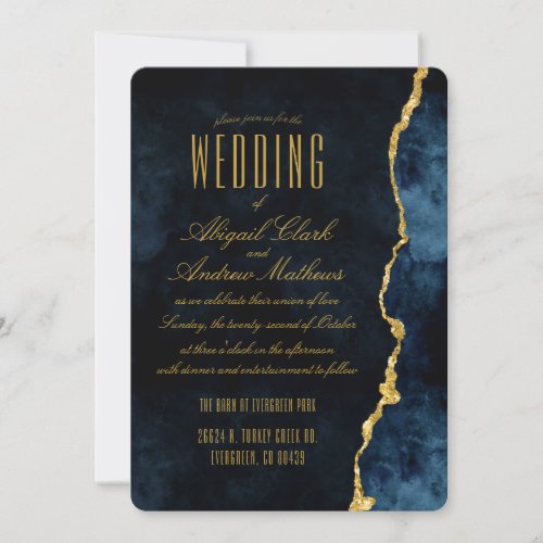 Navy Blue Gold Foil Agate Gilt Wedding Invitation