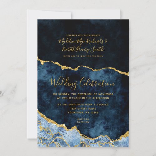 Navy Blue Gold Foil Agate Gilt Wedding Invitation