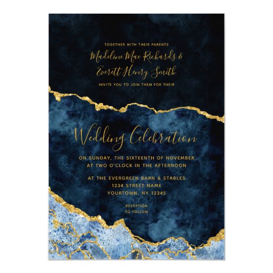 Navy Blue Gold Foil Agate Gilt Wedding Invitation
