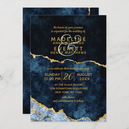 Navy Blue Gold Foil Agate Gilt Wedding Invitations