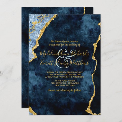 Navy Blue Gold Foil Agate Gilt Wedding Invitations